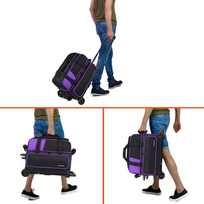 LARIPOP 2 Ball Bowling Roller Bag, Wheeled Bag with Shoe Compartment, Telescopic Handle & Padded Protection for Men Women - color: Purple