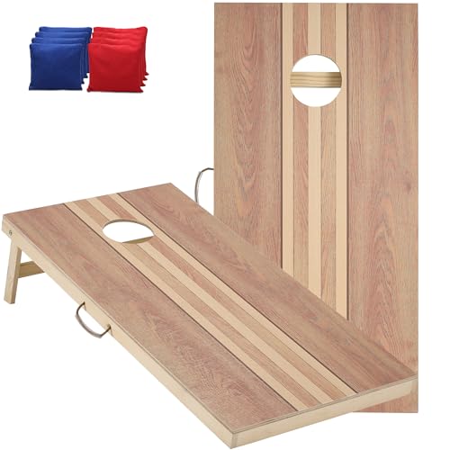 Sportdo 4x2 ft Solid Wood Cornhole Set with 8 Bean Bags, Regulation Size Cornhole Board Set for Adults, Cornhole Game Set for Tailgate Backyard Toss Games Indoor&Outdoor Activities - style: Retro Stripes Wood Grain