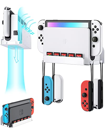 Wall Mount for Nintendo Switch 1 and Switch OLED, Metal Wall Mount Shelf Kit with 5 Game Card Holders and 4 Joy Con Hooks, Safely Store Switch Console Near or Behind TV, White - color: White