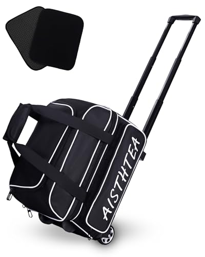 2 Ball Bowling Bag with Wheels, Bowling Bags 2 Ball Roller - 1680D Reinforced Oxford, Bowling Ball Bag with Separate Shoe Compartment & Retractable Handle Extends to 40'' - color: Black and White