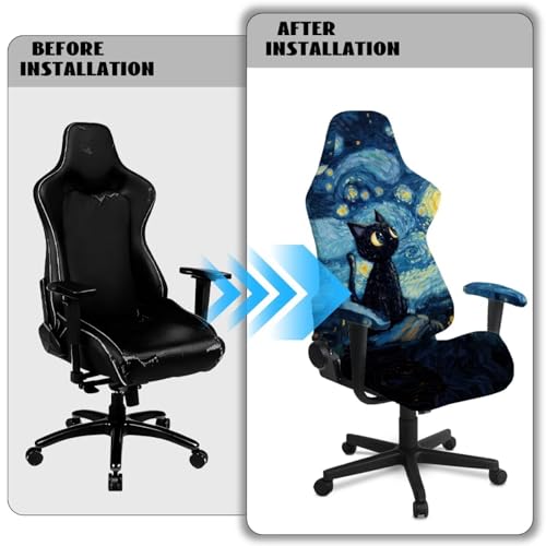 Suobstales Cat Starry Night Print Gaming Chair Slipcovers, Office Chair Cover Stretch Computer Desk Chair Covers with Armrest Covers, Rotating Armchair Protector Covers - color: Cat Starry Night