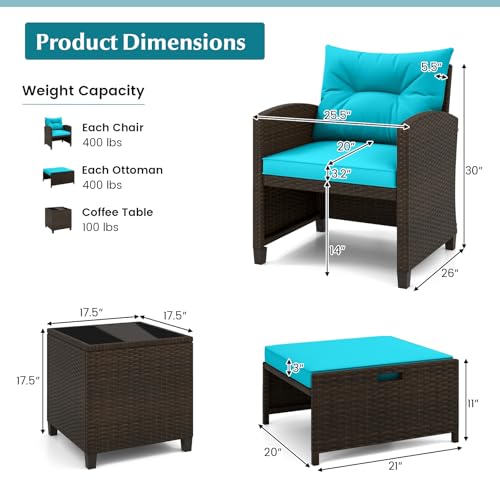 Tangkula 5 Pieces Patio Conversation Set, PE Wicker Outdoor Furniture Set with 2 Chairs, 2 Ottomans & Tempered Glass Coffee Table, Ideal for Poolside, Backyard, Lawn, Deck, Mix Brown & Turquoise - color: Mix Brown & Turquoise
