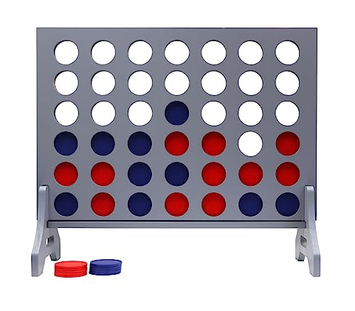 Giant 4 in a Row Game for Family & Adults – Tailgating Pros Jumbo Grey Wooden Four in a Row Indoor & Outdoor Yard Game for Family Party Fun, Portable Activities for Patio, Backyard, and Camping - color: Blue / Red