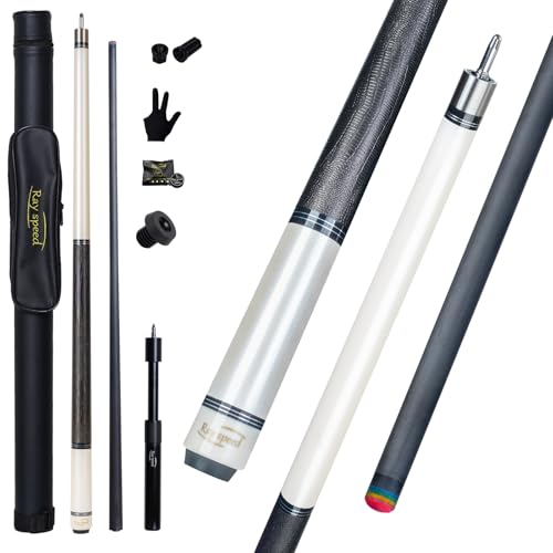 Carbon Fiber Pool Cue Stick 12.5mm Rainbow Tip Low Deflection Pool Stick with Uni-loc Pin Joint and Extension Pool Stick-20 oz - color: White-Pro