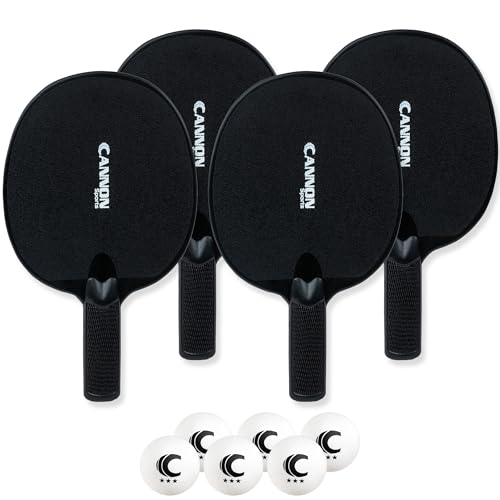 Cannon Sports Unbreakable Table Tennis Paddle Set - 4 Rackets with 6 Pack of 3-Star Table Tennis Balls – Portable Set for 4 Players - color: 4 Black Paddles + 6 White Balls