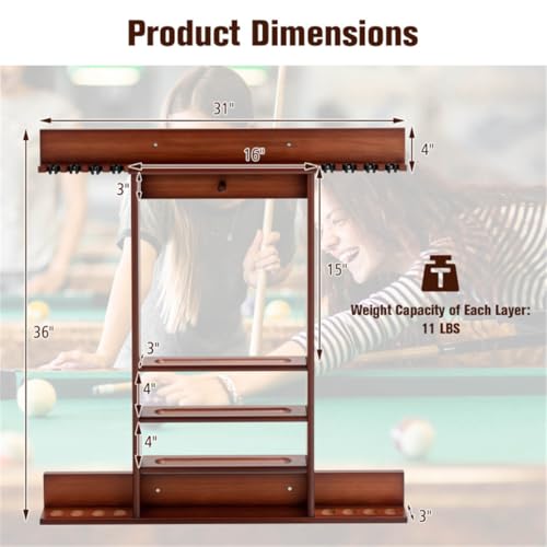 Brown Pine Wood Wall Mounted Billiard Cue Rack, Holds 8 Pool Cues and 16 Balls, Wall Mount Pool Stick Holder for Cue Balls Chalk, Game Room Decor, Billiard Accessories Storage Shelves for Wall