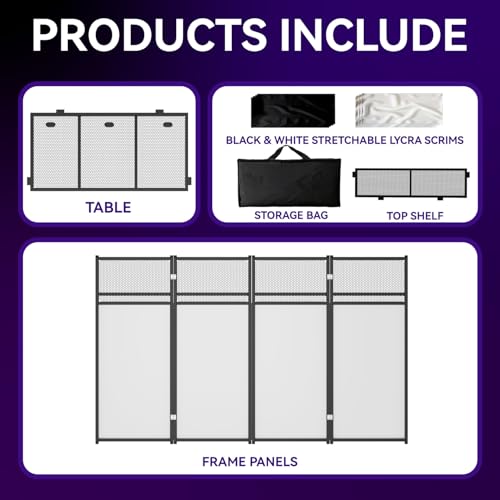 Portable DJ Booth Table,Foldable DJ Table Stand with White & Black Scrim,Adjustable DJ Facade Booth Station Metal Frame with Cable Hole for Private Events, Clubs, Bars (40x20 Double Deck) - size: 40x20 Double Deck