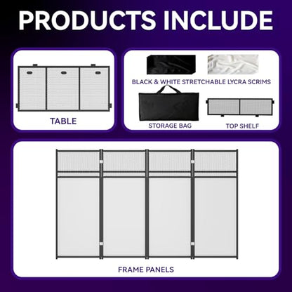 Portable DJ Booth Table,Foldable DJ Table Stand with White & Black Scrim,Adjustable DJ Facade Booth Station Metal Frame with Cable Hole for Private Events, Clubs, Bars (40x20 Double Deck) - size: 40x20 Double Deck