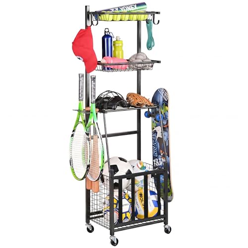 PLKOW Sports Equipment Storage for Garage, Indoor/Outdoor Sports Rack for Garage, Ball Storage Garage Organizer with Basket and Hooks,Toy/Sports Gear Storage - color: Black, 17.2"L x 12.6"W x 59"H