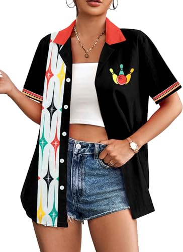 Bowling Shirts Women Hawaiian Bowling Shirt Bowling Lover Gift Tops Bowler Button Down Short Sleeve Tee - color: Black, size: XX-Large