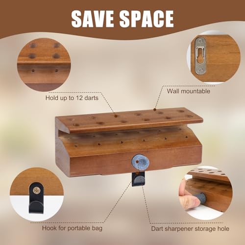 Extguds Wooden 2 In 1 Dart Holder,Can Hold 12 Steel or Soft Tip Darts Dispaly,Wall Mount or Tabletop Display,Including Holer+Hook+Wrench+Sharpener+Portable Bag,Perfect for Displaying Your Darts