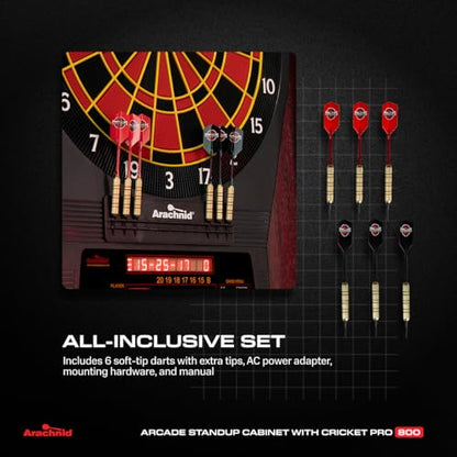 Arachnid Freestanding Cabinet Set: Includes Cricket Pro 800 regulation board in a stylish cabinet with shelves. Offers 40 games, 8-player LED scoring, tri-color Cricket, and 6 darts