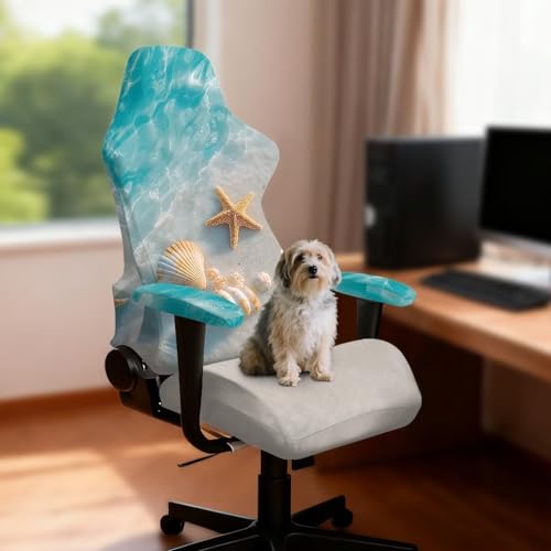 Suobstales Beach Starfish Seashell Conch Pattern Universal Gaming Chair Cover with Armrest Covers, Stretchable Non-Slip Fabric Gaming Chair Protector for Reclining, Swivel & Boss Chairs - color: Beach Starfish Seashell Conch