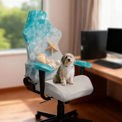 Suobstales Beach Starfish Seashell Conch Pattern Universal Gaming Chair Cover with Armrest Covers, Stretchable Non-Slip Fabric Gaming Chair Protector for Reclining, Swivel & Boss Chairs - color: Beach Starfish Seashell Conch