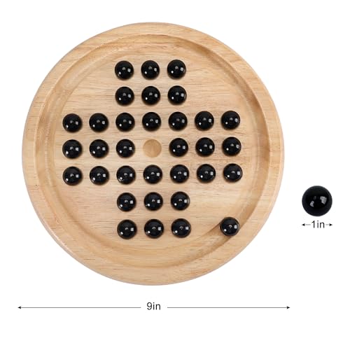 Offelec Wooden Solitaire Board Game with 33 Piece Black Glass Marbles Classic One Player Gameplay Strategy Puzzle Board Games Kids & Adults Fun Family Tabletop Toys, Birthday Gift,Table Games - color: Black Solitaire