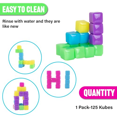 KOMARC GAMES StickiKubes, Mini Stacking Cubes that Stick to Anything, Non Toxic Kid Safe Sticky Blocks, Creative Construction Toy - 125 Cubes, 5 Neon Colors, Tub