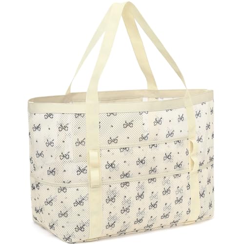 GYEUKHAM Mesh Beach Bag for Women, Sand-Resistant Pool Tote, 9 Pockets (1 Inner Zip), Foldable Family Travel Essentials - color: L-black Butterfly