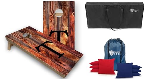 Tailgating Pros Monogrammed Red Cornhole Boards w/Built-in LEDs- 4' x 2' Tournament Grade Cornhole Game - Includes Multicolored Lights, Carrying Case, Set of 8 Corn Hole Bags & Bag Tote - color: T