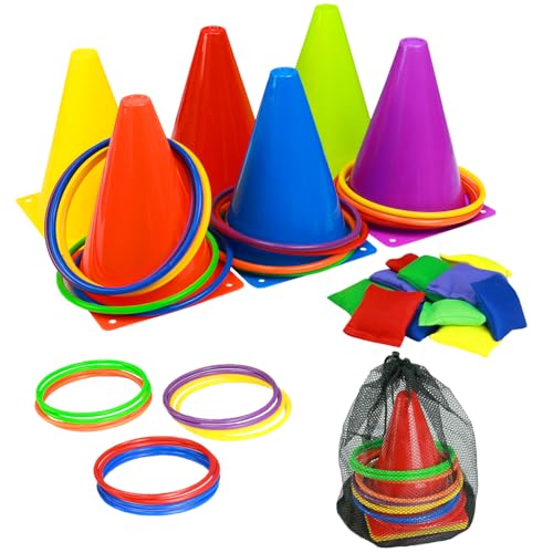 Ring Toss Games Carnival Outdoor Yard Games for Kids,Soft Plastic Cones Bean Bags Play for Children's Birthday Xmas Indoor Family Party Combo Gift Set