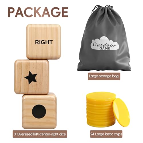 Giant Left Right Point Center Dice Game with 24 Large Chips & Carry Bag. 3.5" Jumbo Wooden Indoor/Outdoor & Lawn Dice Game for Family - color: Jumbo Natural Wood Dice