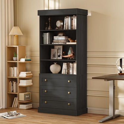 Vyre 71" Tall Farmhouse Bookshelves with Glass Doors and Drawers, Set of 2 – Large Modular Bookcase with Adjustable Shelves, Storage Cabinet for Living Room, Kitchen, Black - color: Black
