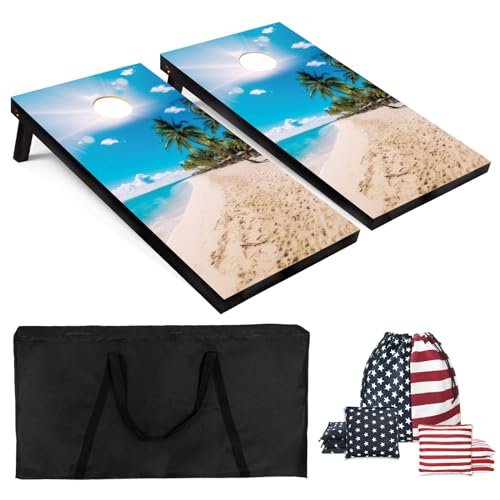 Cornhole Board Set 4x2 Regulation Size Cornhole Set with Carrying Bags & 8 Bean Bags Corn Hole Boards Bean Toss Game for Adults Family Outdoor Lawn Outside Backyard Games - color: Beach Palm Trees