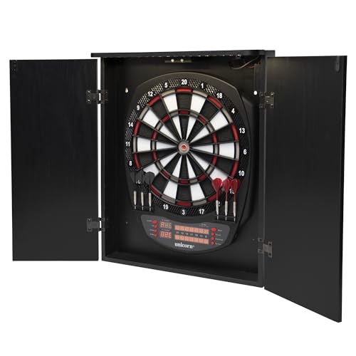 Unicorn Impact LED Electronic Dartboard Cabinet Set - Door Activated LED Lights - Dual LED Scoring Displays with Cricket Marks - Includes 6 Soft Tip Darts and Replacement Tips