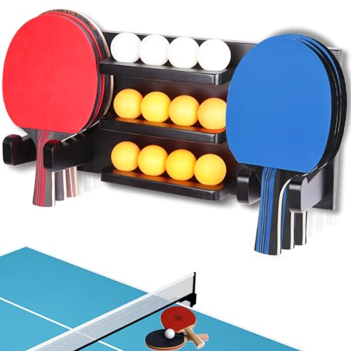 Ping Pong Paddle Holder, Ping Pong Paddle Storage Rack Wall Mounted Holds 8 Paddles and 12 Balls, Table Tennis Racket Display Organizer for Game Room,Home - color: Black