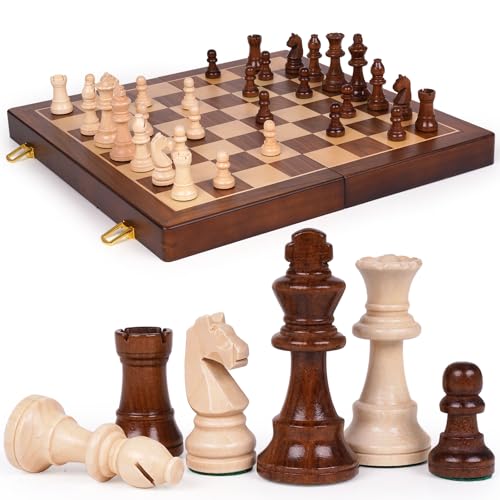 Large 17” Wooden Chess Set for Adults and Kids– Large Solid Folding Wood Chess Board with Hand-Carved Pieces, 3.25” King, 2 Extra Queens, Family Classic Strategy Board Game