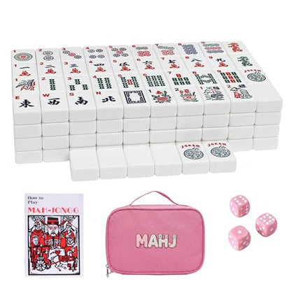 American Mahjong Tile Set, 166 White Mahjong Tiles 1.2 inch with Carrying Bag and 3 Dices, Portable Cute Mahjong Game for Travel, Family Game Night - color: White