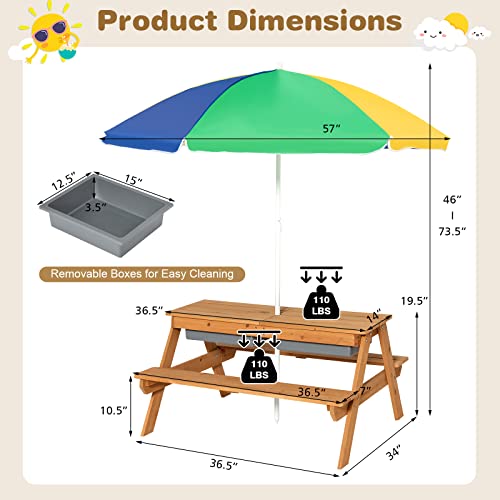 ARLIME Sand and Water Table - 3-in-1 Kids Picnic Table with Height Adjustable Umbrella, Removable Table Top & 2 Detachable Game Boxes, Water Play Table for Boys Girls, Outdoor Sensory Table (Colorful)