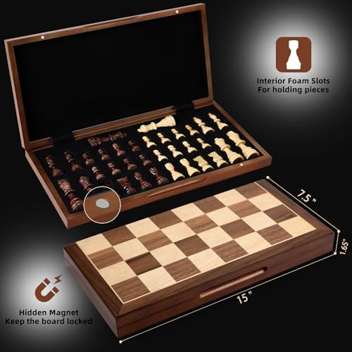 Chess Set Board Games for Adults: Handmade Walnut Wooden 15" 2 Extra Queens Folding Portable Travel Chess Game, Gift idea, Pieces Storage Slots,Instructions - color: Walnut Texture