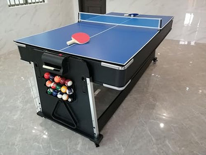 3-in-1 Convertible Pool Table, 7 Ft, Black, Indoor Outdoor Gaming Table with Air Hockey, Table Tennis, Billiards, Portable Design with No Wheels