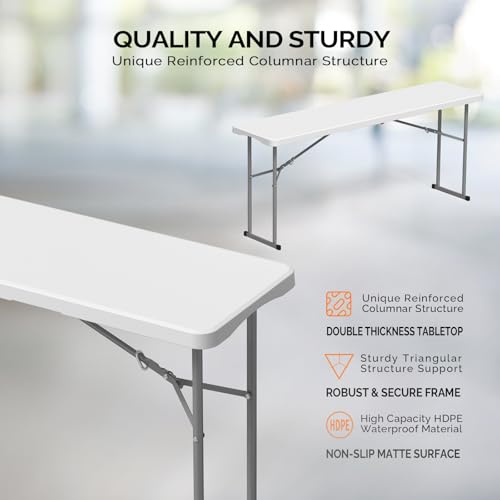 VINGLI 6 FT Narrow Folding Table, Tabletop Folded in Half, Premium Quality HDPE Material and Sturdy Metal Frame, Perfect for Buffet, Seminar, Party, Training, Home Work, White - color: White