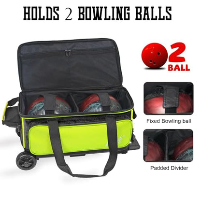 WOLT Double Roller 2 Ball Bowling Bag with Separate Shoe Compartment, Large Capacity Bowling Ball Bag with Accessory Pocket, Retractable Handle Extends to 40" - color: LemonGreen