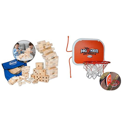Outdoor Family Fun Pack - Bolaball Extreme + Hooked on Hoops | Giant Games Set | Includes 45 Giant Tumbling Blocks, 28 Dominoes, 6 Giant Dice, Mini Basketball Hoops