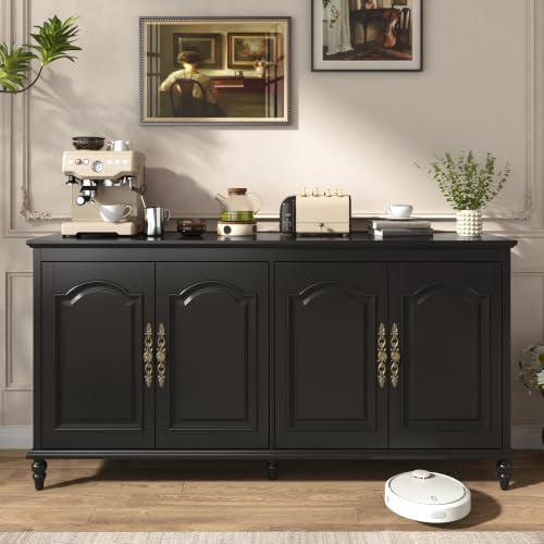 Hlivelood 65" Buffet Cabinet with Storage, Mid Century Modern Sideboard with Adjustable Shelves, Paint Cabinet, Wood Carving Design, Brass Carved Handles & Solid Wood Gourd Legs, Classic Black - color: Classic Black