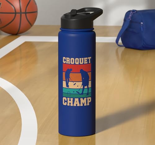 Croquet Champ Retro Funny Lawn Game Player Quote Stainless Steel Insulated Water Bottle - color: Royal Blue