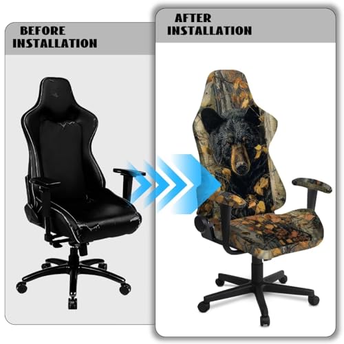 Suobstales Bear Hunting Camo Print Gaming Chair Covers Slipcovers, Office Chair Covers with Armrest Covers, 4Pc/Set Durable Stretchable Elastic Computer Chair Cover for Anti Cat Scratch - color: Bear Hunting Camo