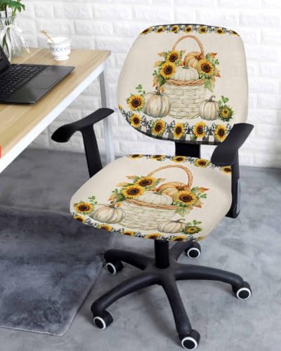 Savannan Office Chair Cover, Fall Sunflower Pumpkin Protective Stretch Elastic Universal Cover for Desk Task Chair,Computer Rotating Chair 1 Pcs Retro Linen Checkered Bow Plant