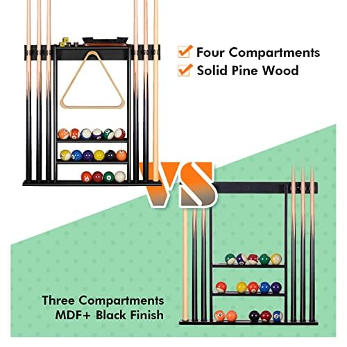 XCSOURCE Pool Cue Rack Only, Pool Stick Holder Wall Mount, 6 Pool Billiard Stick + Ball Set Wall Cue Rack, Made of 100% Solid Pine Wood, Compact Billiard Table Accessories for Man Cave - color: Black- 6 Pool