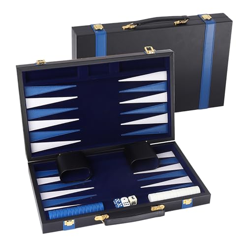GSE Premium Leather Backgammon Board Game Set, Black&Blue, Large | Premium Leather, Travel Folding Board, Classic Game Set, Leather Case Included - color: Leather-black&blue, size: Large