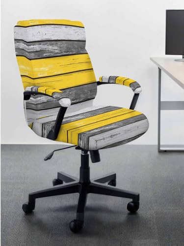 Coastal Style Office Chair Cover with Armrest Covers, Retro Gray Yellow Stripes Wood Grain Universal Stretch Desk Rotating Chair Slipcovers, Removable Seat Protector with Zipper, S - color: Yellow Gray, size: Small & 2PCS Armrest Covers