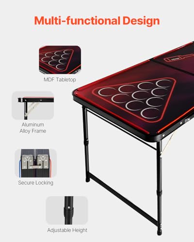 VEVOR 8 Foot Portable Beer Pong Table, LED Lights, Foldable Tailgate Desk with Carrying Handles and 6 Pong Balls, Adjustable Height, Lightweight, for Office, Tailgate Party, Travel & Camping