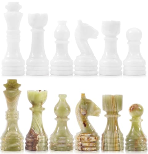 Radicaln Marble Chess Pieces 3.5" Handmade White & Green Chess Figures | Natural Stone, Hand Polished, Premium Finish, 32 playing Pieces, Unique Veining, Timeless Design - color: White and Green