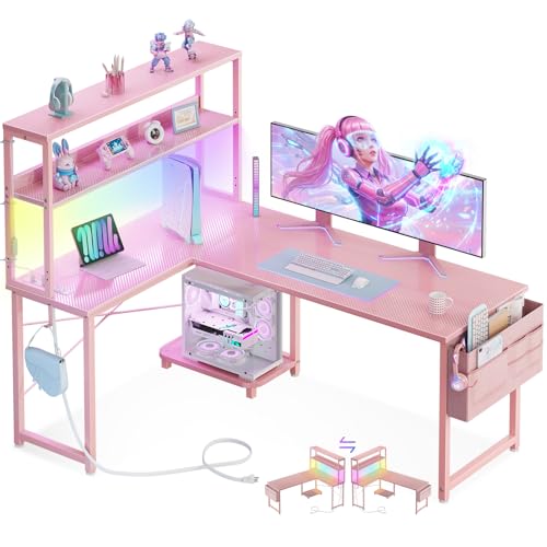 ODK 53 Inch L Shaped Desk with LED Lighting, Reversible Gaming Desk with Power Outlets, Cornor Computer Table with Storage Shelves & Bag & Iron Hook, Home Office Table for Writing, Study, Pink - color: Pink, size: 53 Inch