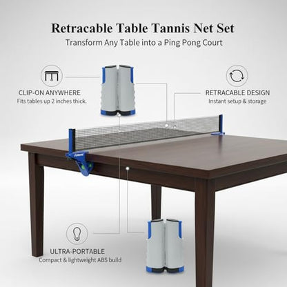 Retractable Table Tennis Net Set, Portable Clip-On Ping Pong Net for Flat Surfaces, Tool-Free Setup with Durable PP Construction - color: Gray