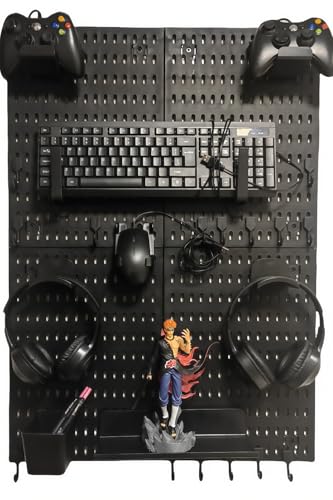 Gaming Pegboard Organizer Wall Mounted 4 Pack - Controller Holder Headset Stand Keyboard Storage - Black Pegboard with 15 Hooks for Gaming Room Setup