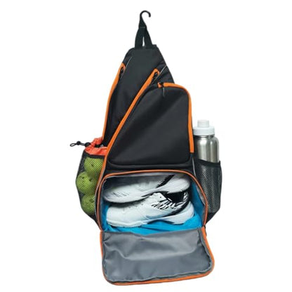 Pickleball Sling Bag with Shoe Compartment - Crossbody Backpack Fits 2 Paddles, 32oz Bottle & Fence Hook, Sports Bag for Men & Women (Shoe Limit: up to US Men's 10 / Women's 11.5) - color: Black/Amber