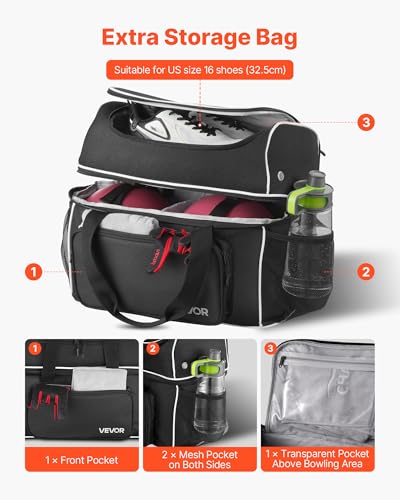 VEVOR Bowling Ball Bag, 2-Ball Bowling Bag with Wheels, Featuring a Separate Compartment for Shoes (Up to US Size 16) & Oversized Accessory Pocket, Retractable Handle Extends to 41.32 in